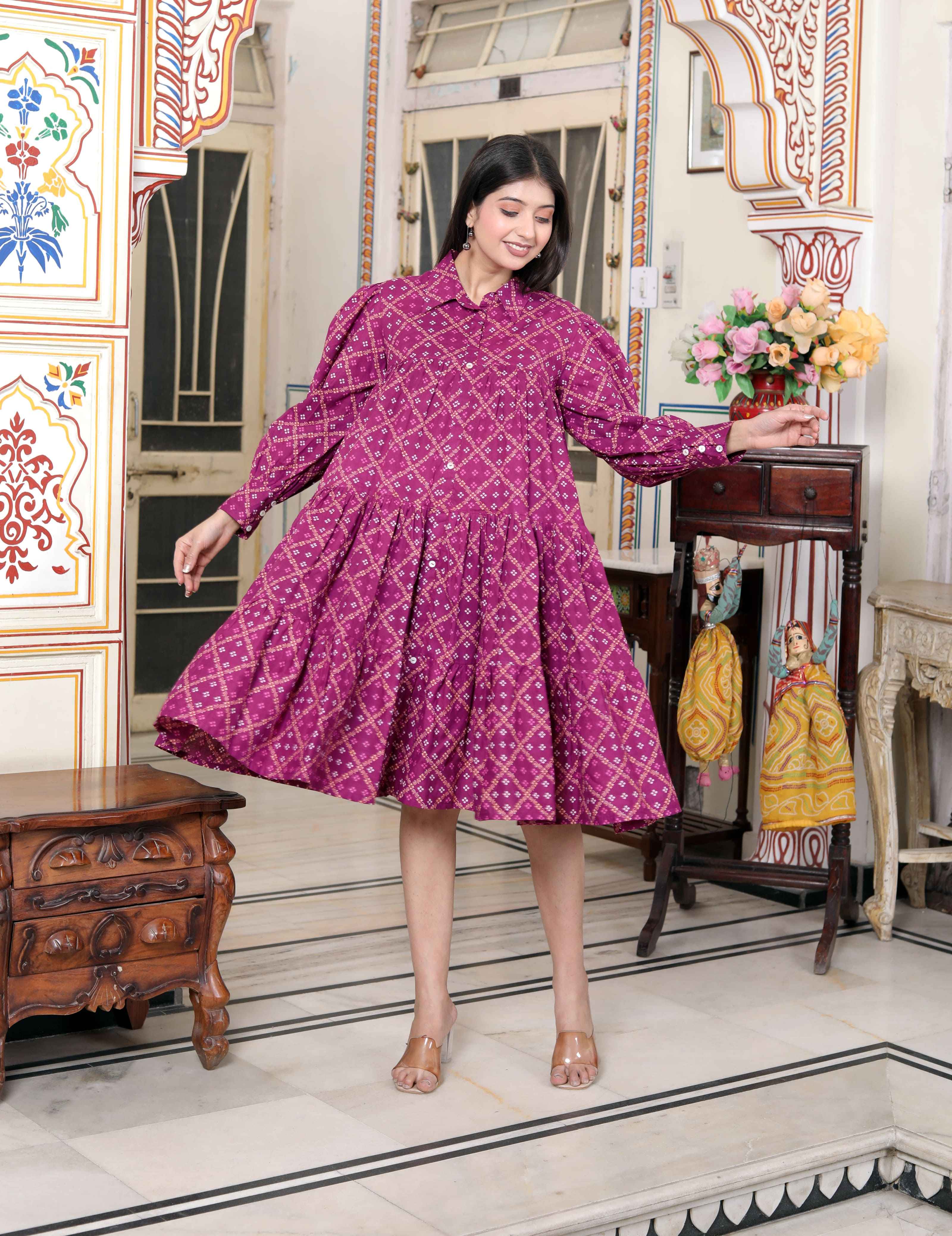 Buy Miravan Women's Magenta Pure Cotton Long Puff Sleeve Gathered Tiered Loose Fit A-Line Dress Online At low Price Buy Miravan Women's Magenta Pure Cotton Long Puff Sleeve Gathered Tiered Loose Fit A-Line Dress Online At low Price