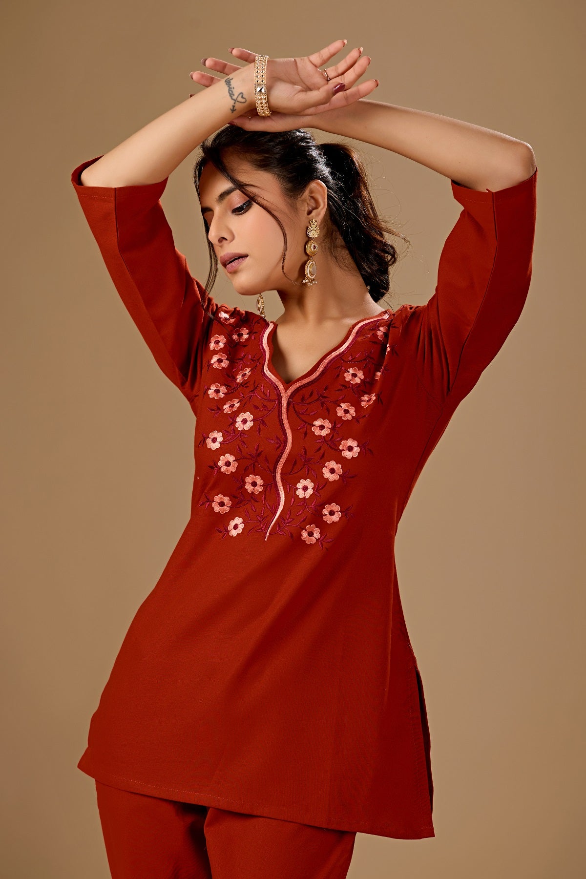 Dwija Fashion Tunic Top Cotton Blend Embroidered Rust Color Co-ord Set