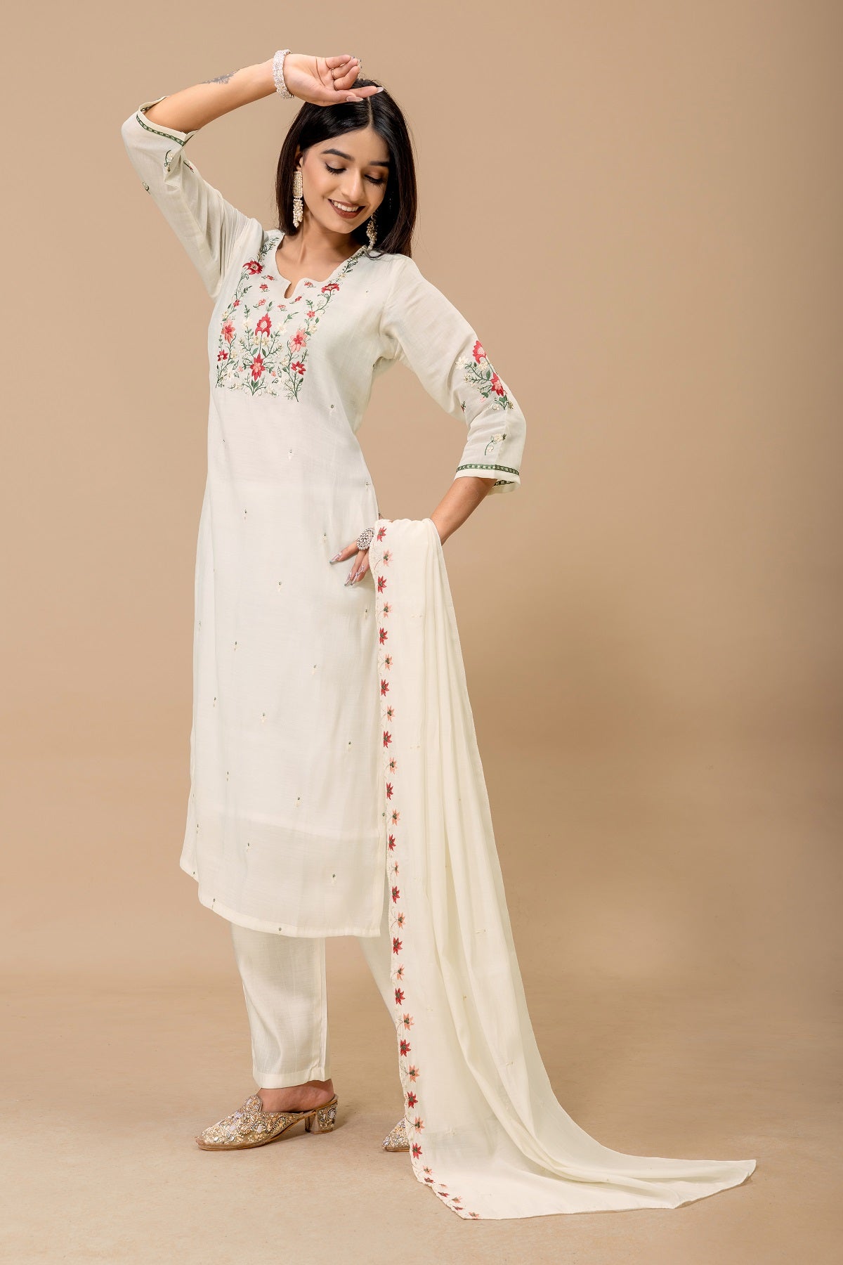 Dwija Fashion A-Line Kurti Mul Cotton Embroidered White Color Kurti With Pant And Dupatta