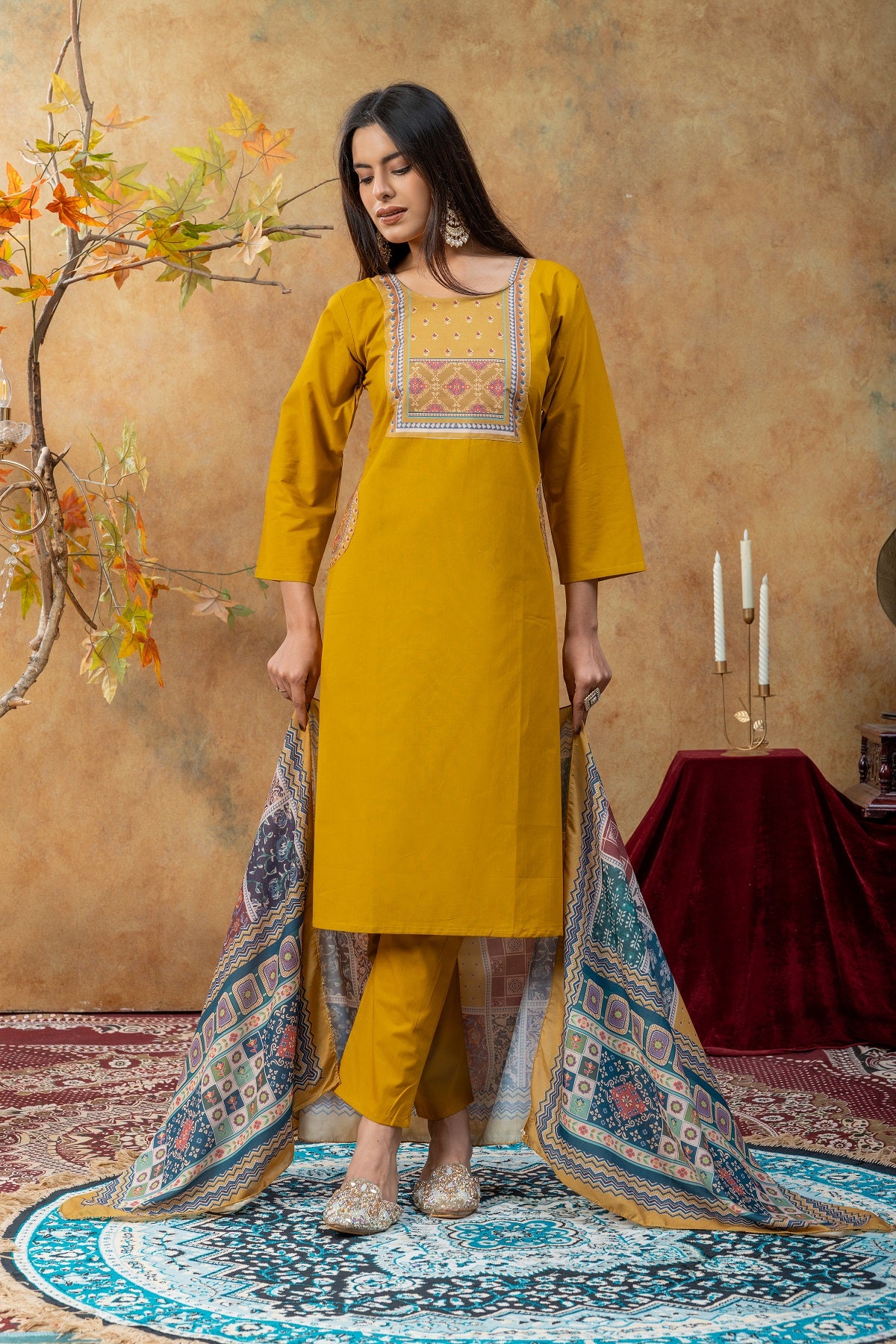 Dwija Fashion A-Line Kurti Cotton Blend Embroidered Yellow Color Kurti With Pant And Dupatta