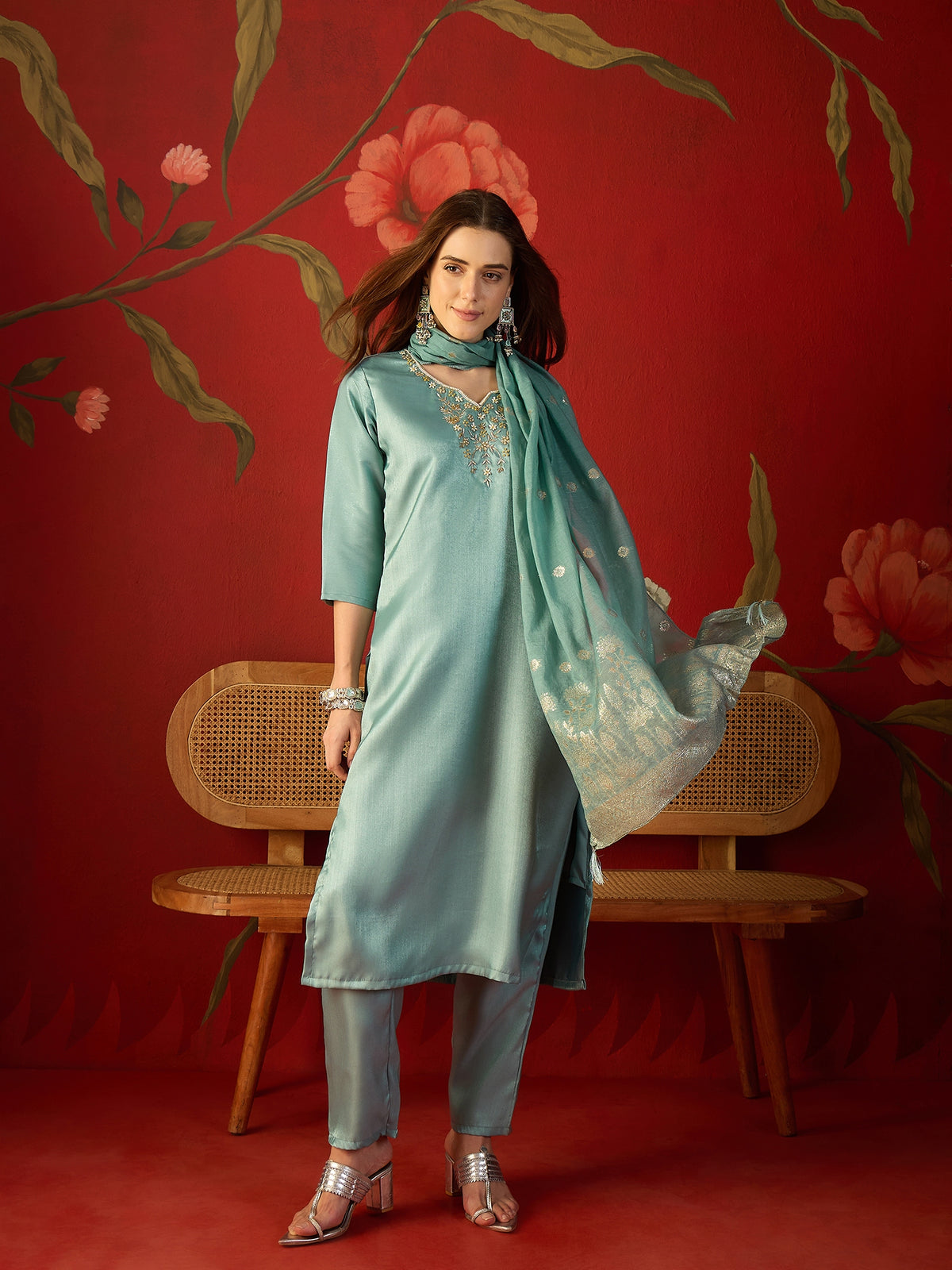 Dwija Fashion A-Line Kurti Roman Silk Hand Work Turquoise Blue Color Kurti With Pant And Dupatta