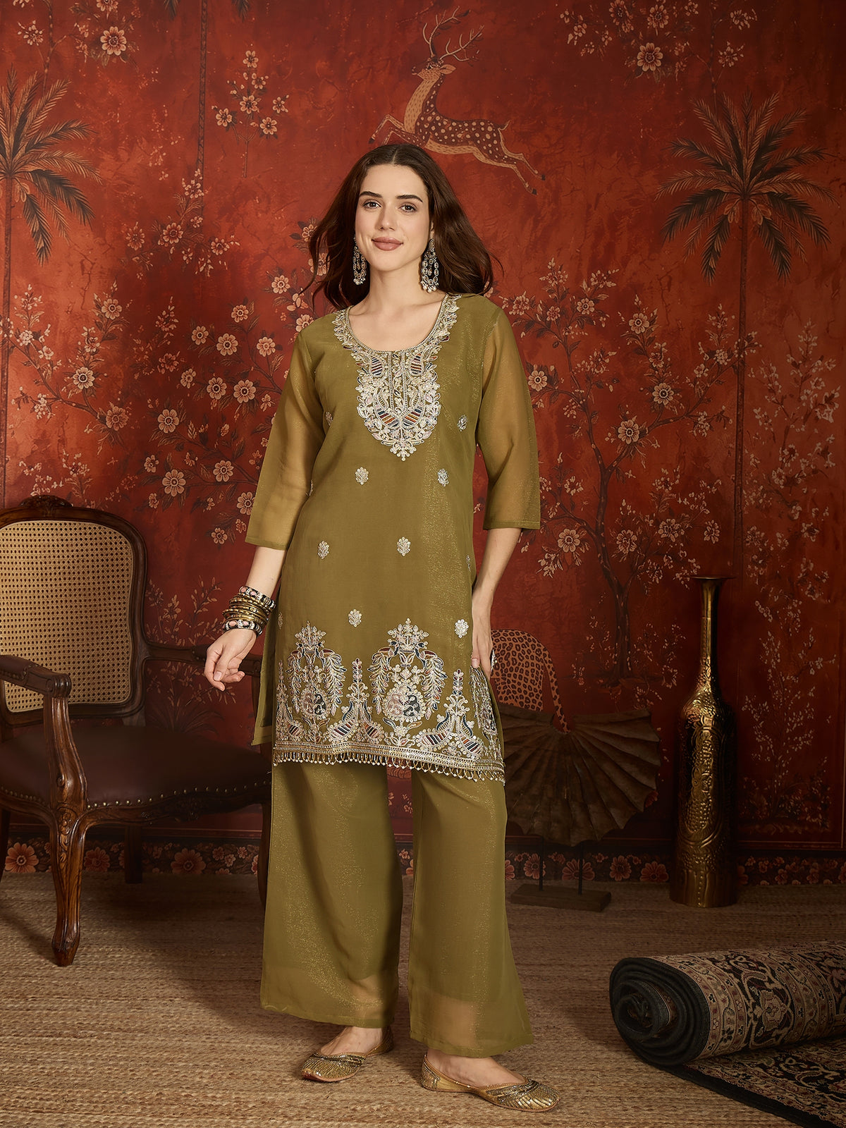 Dwija Fashion A-Line Kurti Shimmer Silk Embroidered Mehendi Kurti With Plazzo And Dupatta