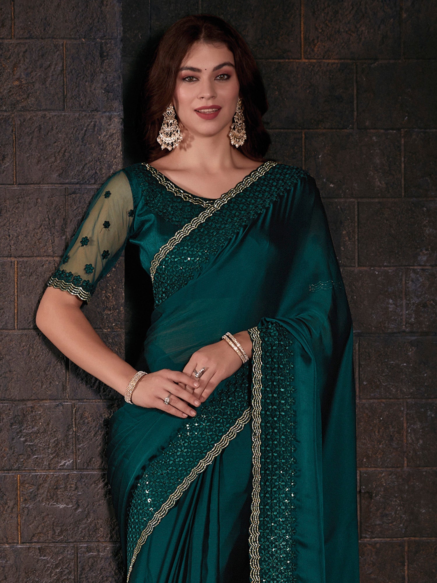 NOZ2TOZ Women's Pure Chiffon Teal green Embellished Designer Saree With Blouse Piece - Distacart