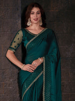 Thumbnail for NOZ2TOZ Women's Pure Chiffon Teal green Embellished Designer Saree With Blouse Piece - Distacart