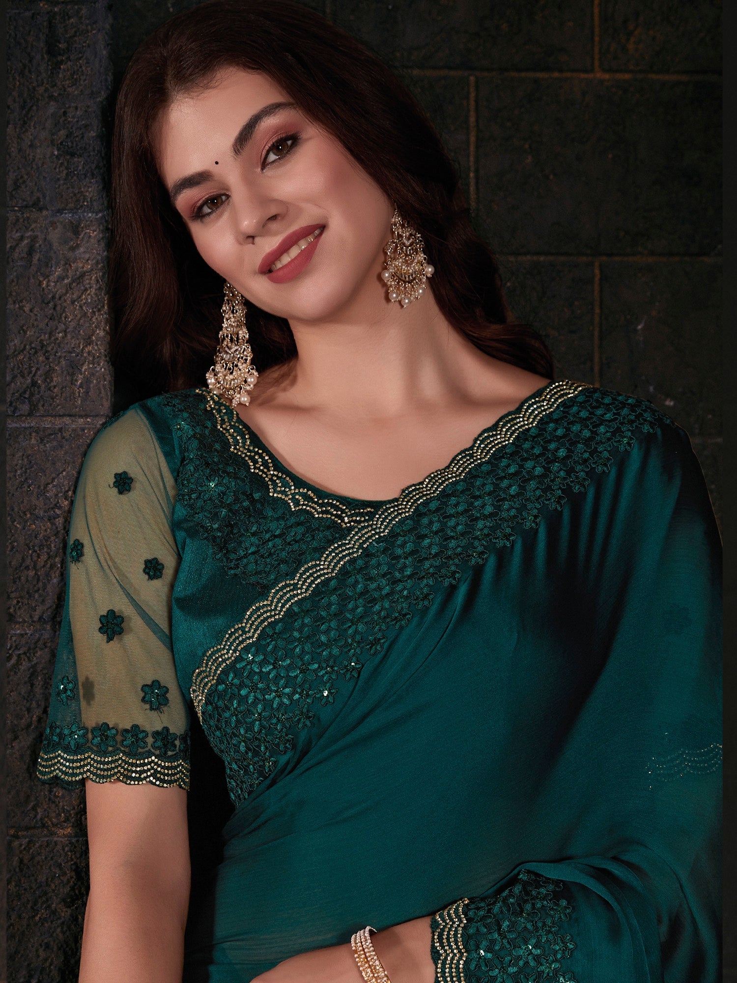 NOZ2TOZ Women's Pure Chiffon Teal green Embellished Designer Saree With Blouse Piece - Distacart
