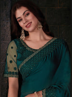 Thumbnail for NOZ2TOZ Women's Pure Chiffon Teal green Embellished Designer Saree With Blouse Piece - Distacart