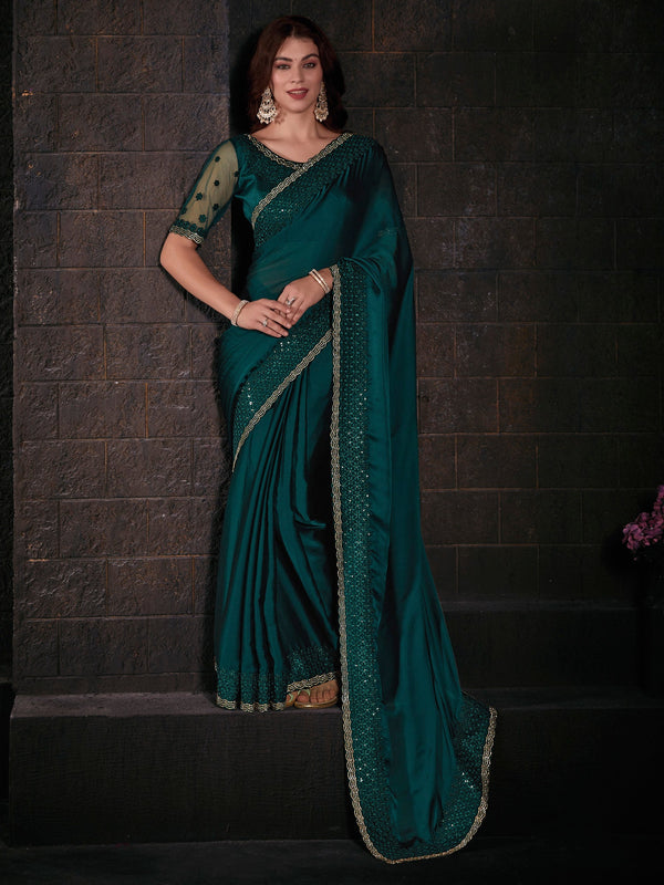 NOZ2TOZ Women's Pure Chiffon Teal green Embellished Designer Saree With Blouse Piece - Distacart