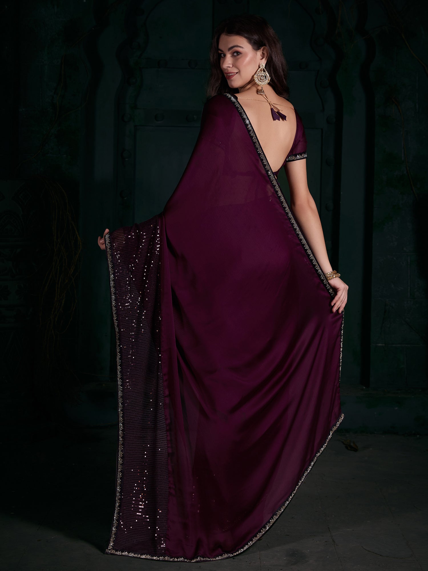 NOZ2TOZ Women's Chiffon Magenta Embellished Designer Saree With Blouse Piece - Distacart