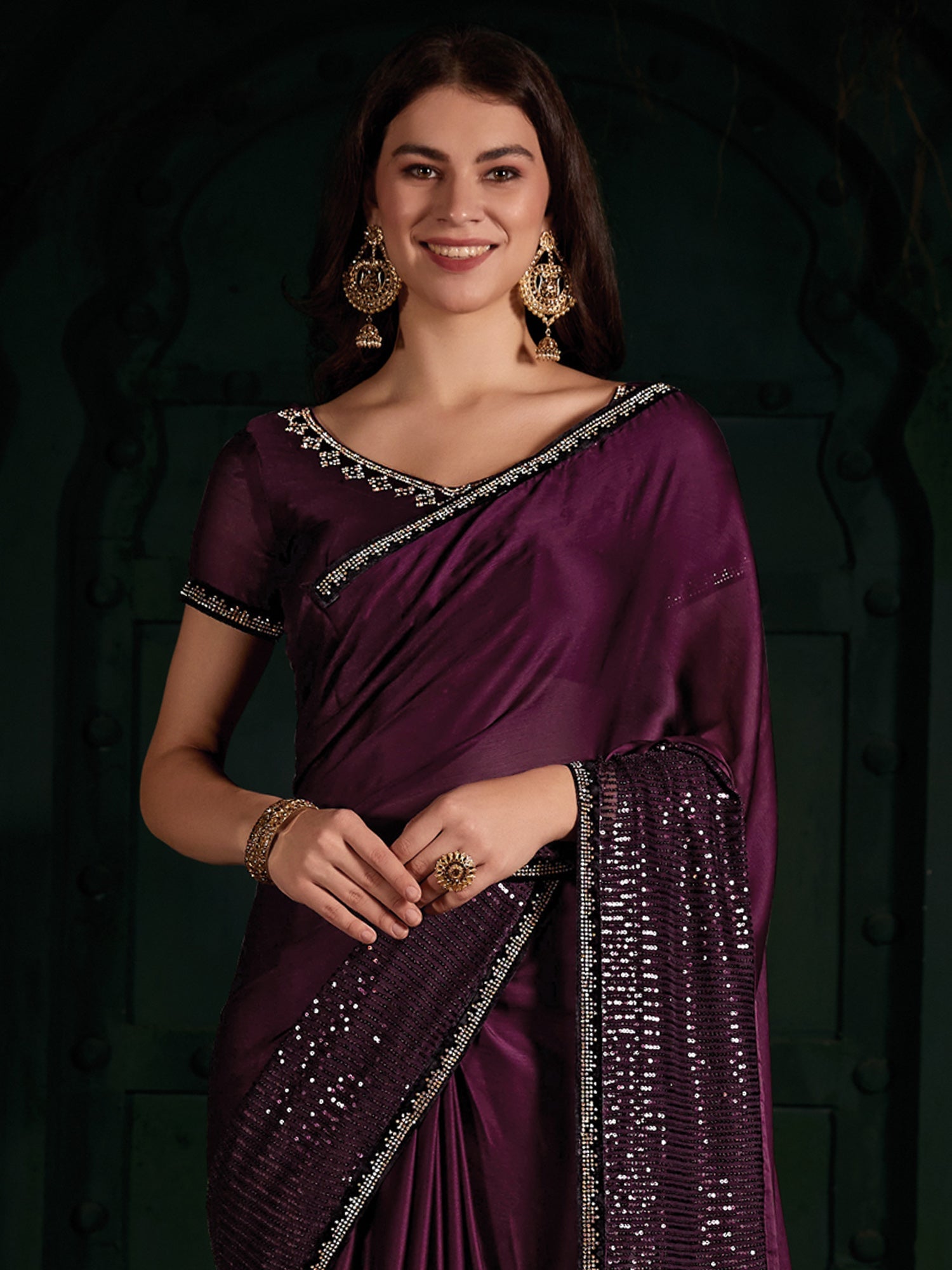 NOZ2TOZ Women's Chiffon Magenta Embellished Designer Saree With Blouse Piece - Distacart