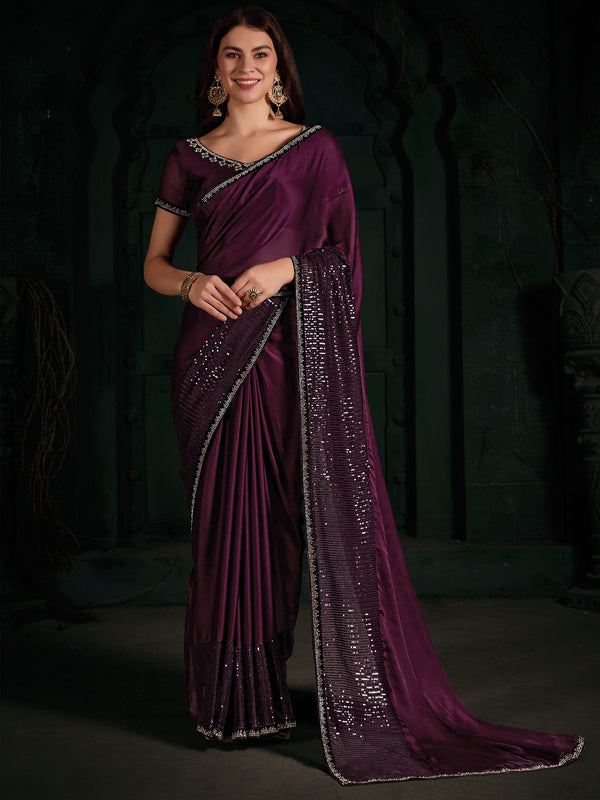 NOZ2TOZ Women's Chiffon Magenta Embellished Designer Saree With Blouse Piece - Distacart