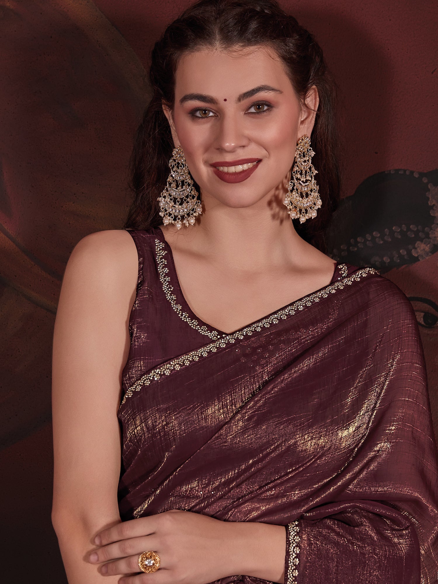 NOZ2TOZ Women's Viscose Silk Burgundy Embellished Designer Saree With Blouse Piece - Distacart