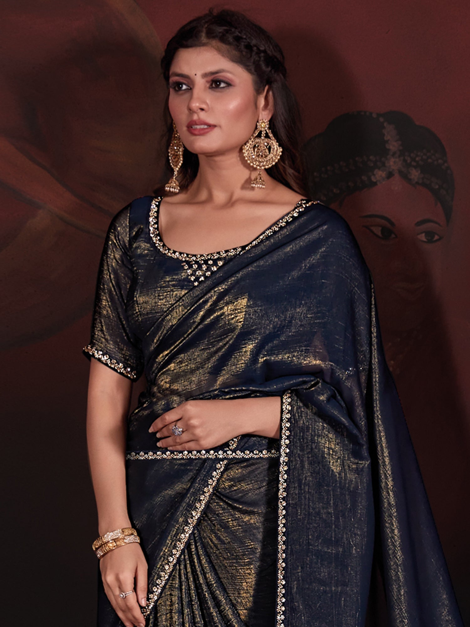 NOZ2TOZ Women's Viscose Silk Navy Blue Embellished Designer Saree With Blouse Piece - Distacart