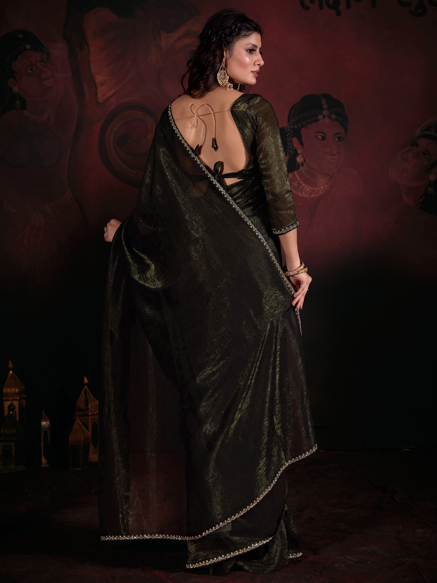 NOZ2TOZ Women's Viscose Silk Olive Embellished Designer Saree With Blouse Piece - Distacart