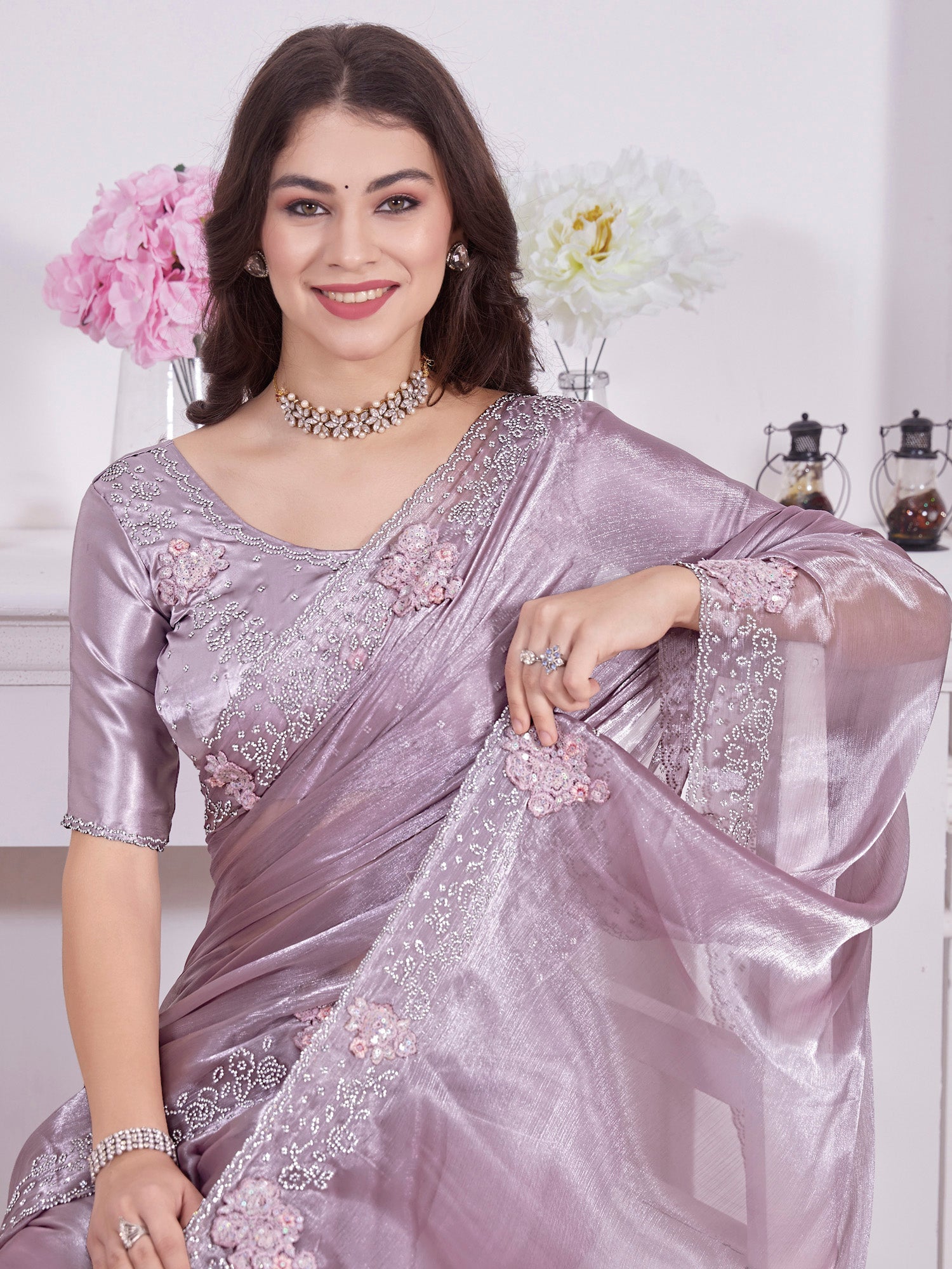 NOZ2TOZ Women's Organza Mauve Embellished Designer Saree With Blouse Piece - Distacart