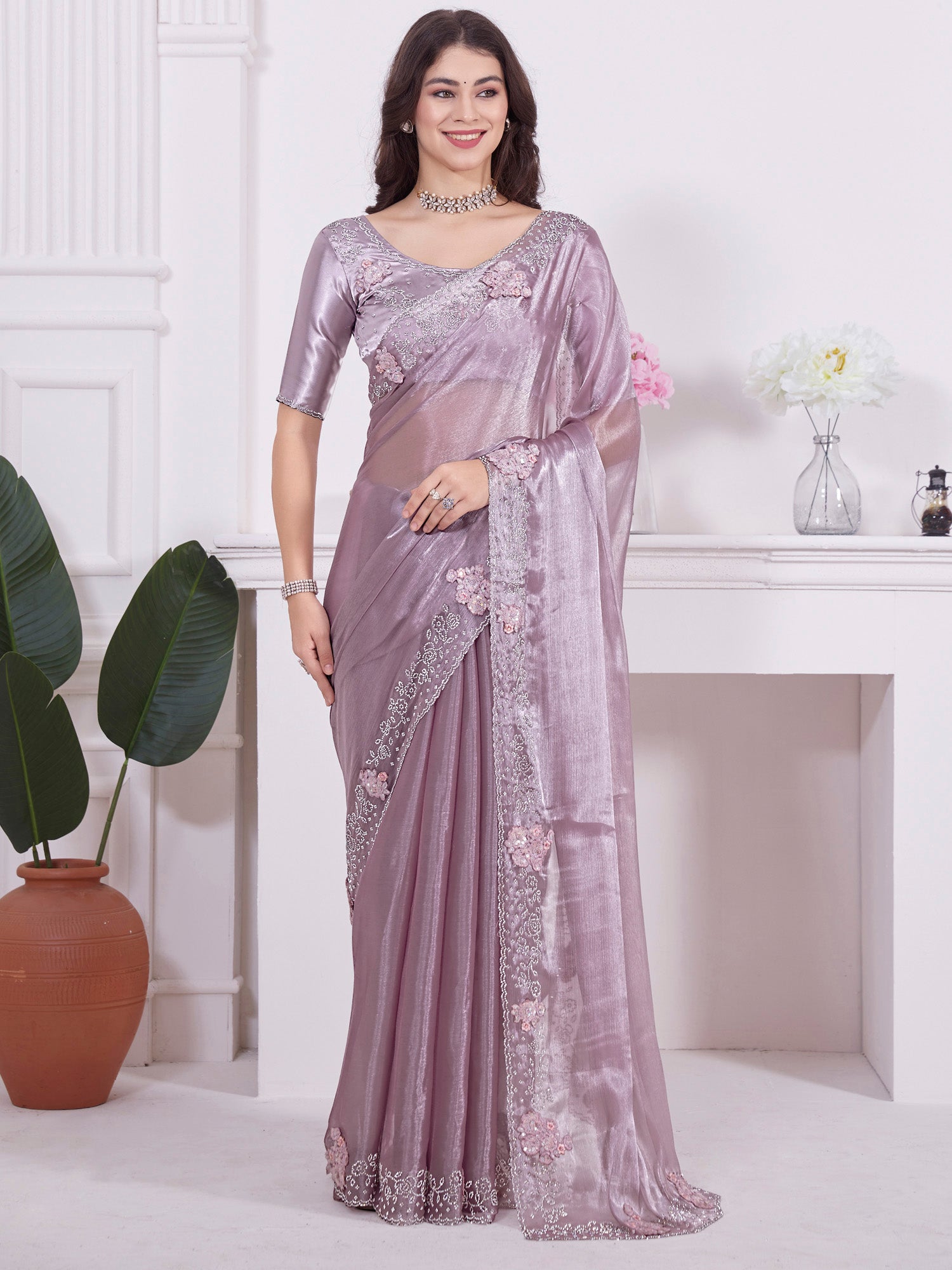 NOZ2TOZ Women's Organza Mauve Embellished Designer Saree With Blouse Piece - Distacart