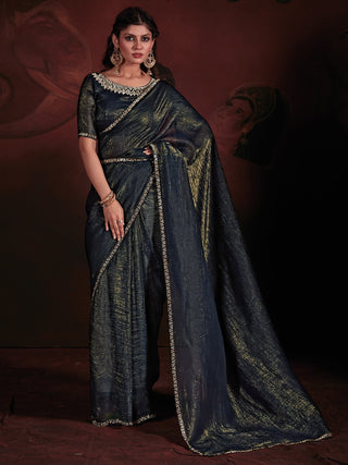 NOZ2TOZ Women's Viscose Silk Teal blue Embellished Designer Saree With Blouse Piece - Distacart