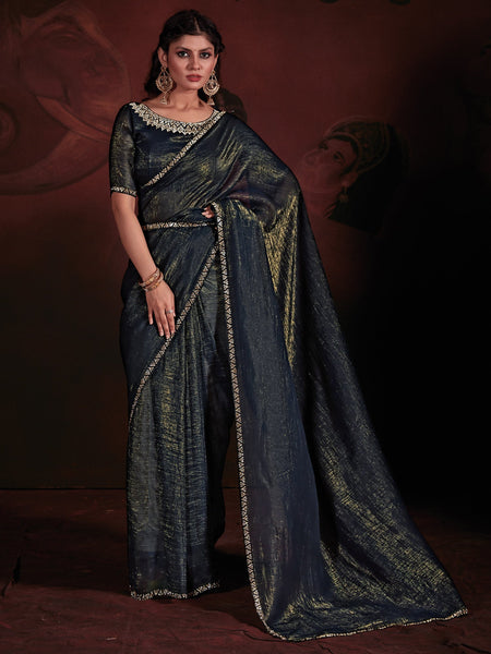 NOZ2TOZ Women's Viscose Silk Teal blue Embellished Designer Saree With Blouse Piece - Distacart