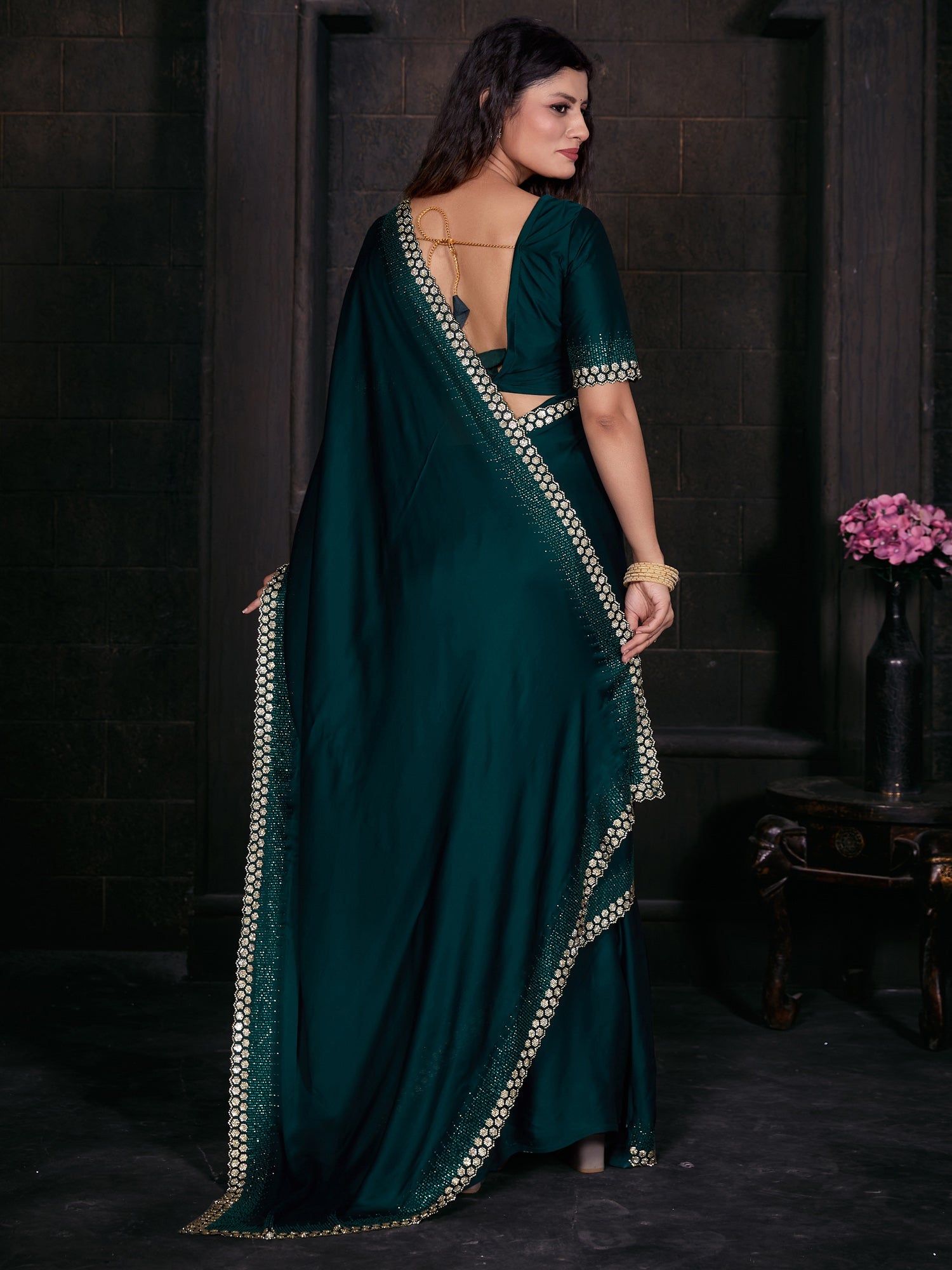 NOZ2TOZ Women's Satin Silk Teal green Embellished Designer Saree With Blouse Piece - Distacart