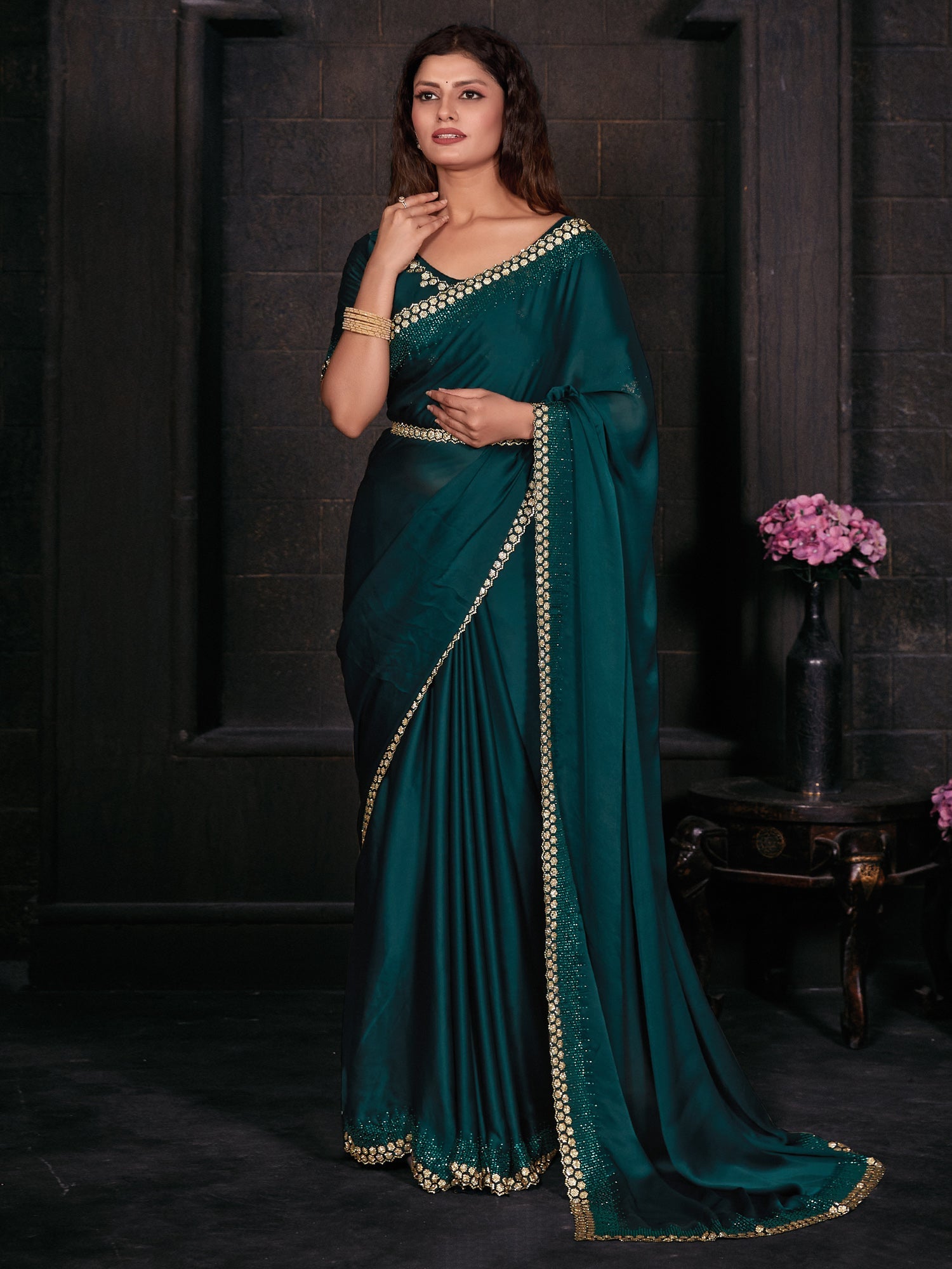 NOZ2TOZ Women's Satin Silk Teal green Embellished Designer Saree With Blouse Piece - Distacart