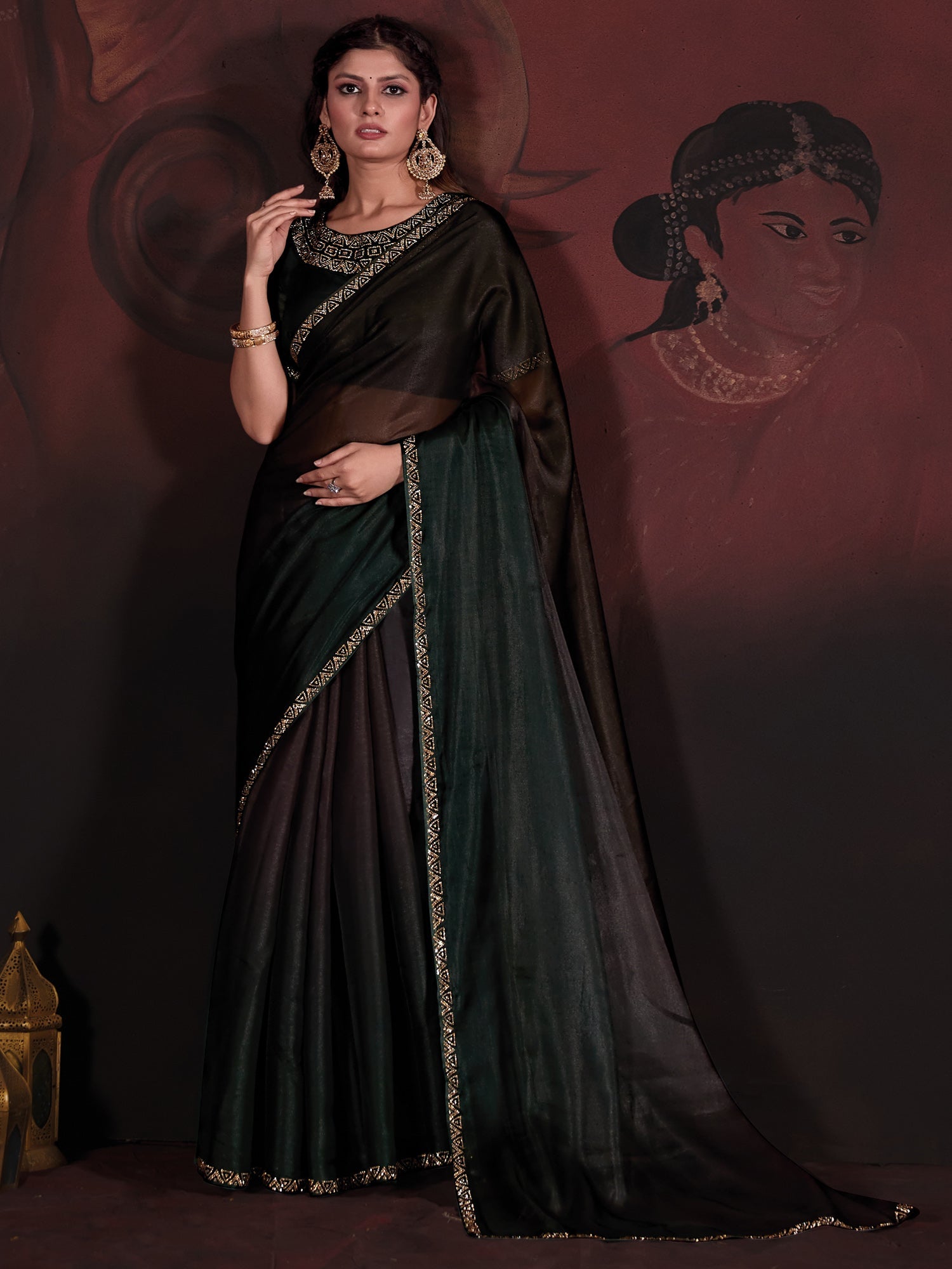 NOZ2TOZ Women's Organza Dark Green Embellished Designer Saree With Blouse Piece - Distacart