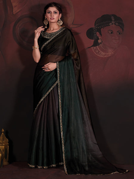NOZ2TOZ Women's Organza Dark Green Embellished Designer Saree With Blouse Piece - Distacart