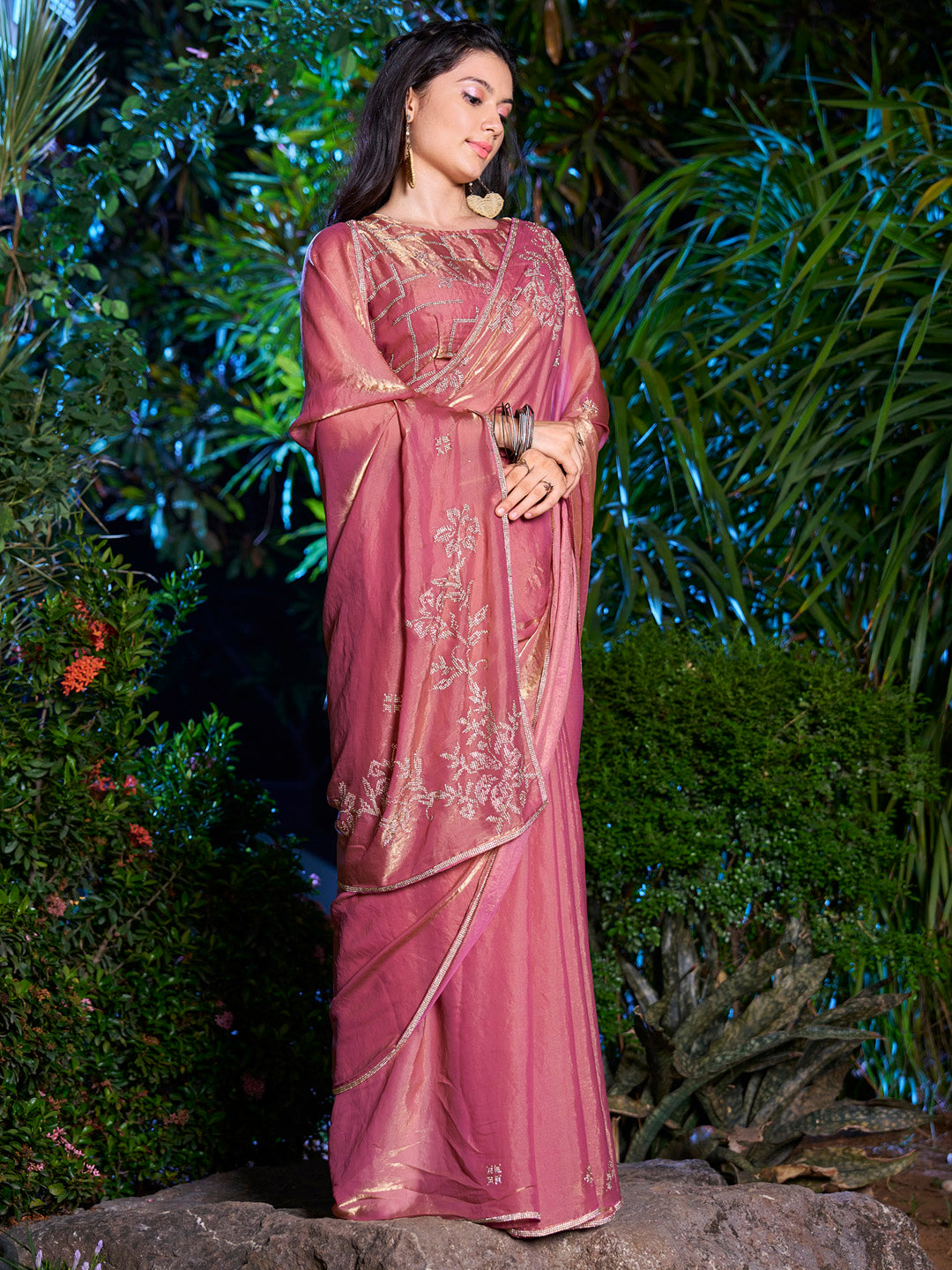 NOZ2TOZ Women's Pure Chiffon Peach Embellished Designer Saree With Blouse Piece - Distacart