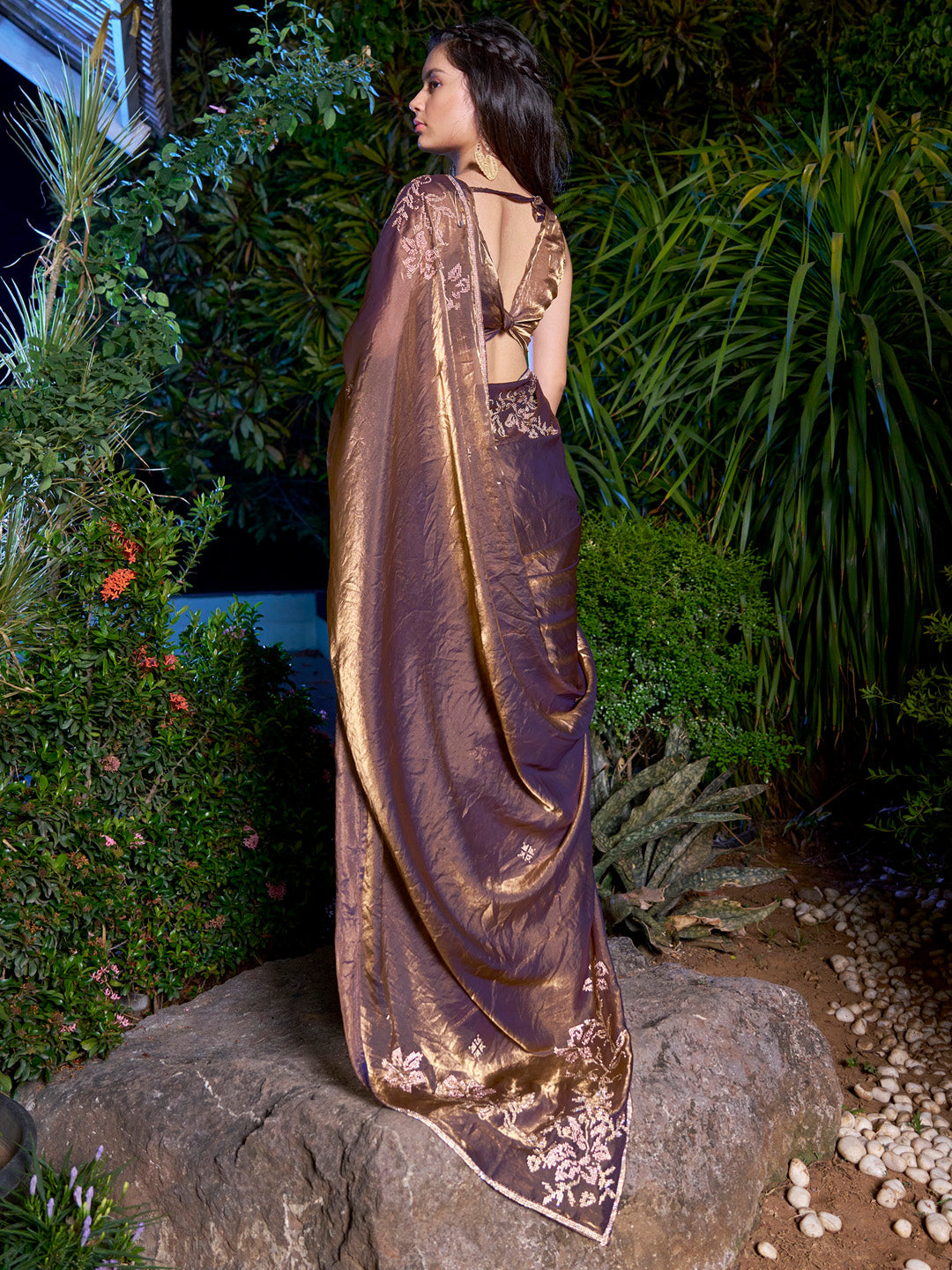 NOZ2TOZ Women's Pure Chiffon Bronze Embellished Designer Saree With Blouse Piece - Distacart