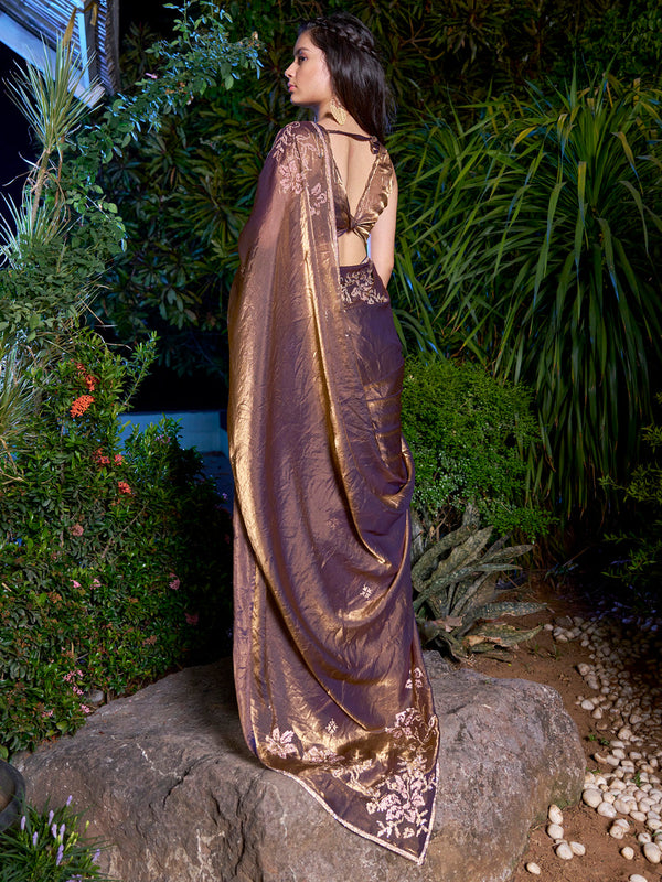 NOZ2TOZ Women's Pure Chiffon Bronze Embellished Designer Saree With Blouse Piece - Distacart