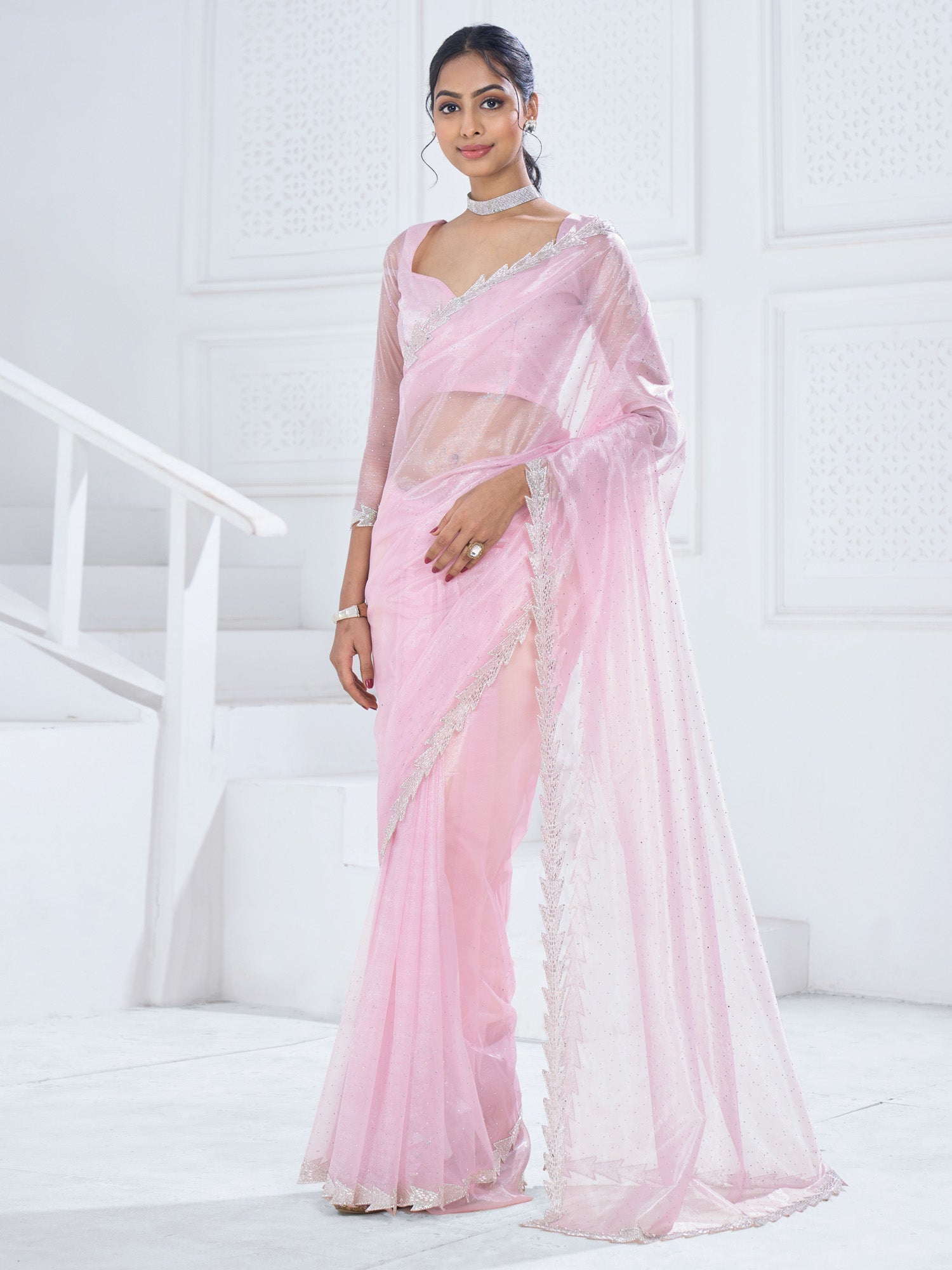 NOZ2TOZ Women's Organza Pink Embellished Designer Saree With Blouse Piece - Distacart