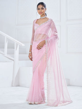 NOZ2TOZ Women's Organza Pink Embellished Designer Saree With Blouse Piece - Distacart