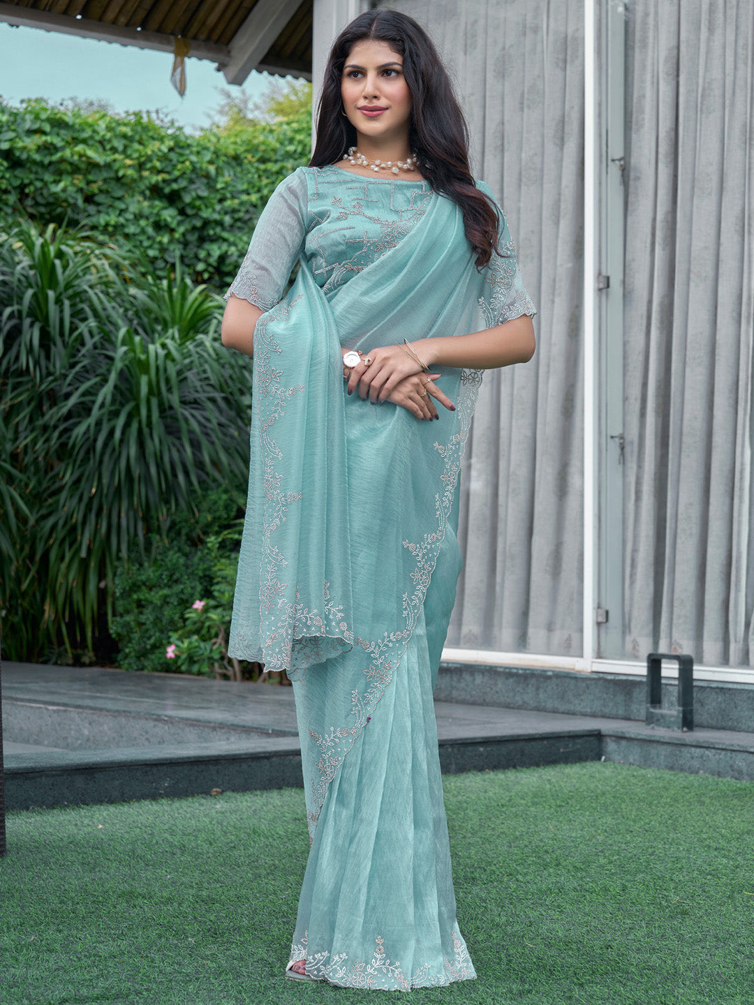NOZ2TOZ Women's Organza Light Blue Embellished Designer Saree With Blouse Piece - Distacart