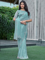 Thumbnail for NOZ2TOZ Women's Organza Light Blue Embellished Designer Saree With Blouse Piece - Distacart