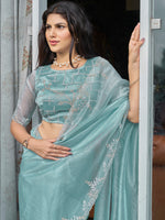 Thumbnail for NOZ2TOZ Women's Organza Light Blue Embellished Designer Saree With Blouse Piece - Distacart