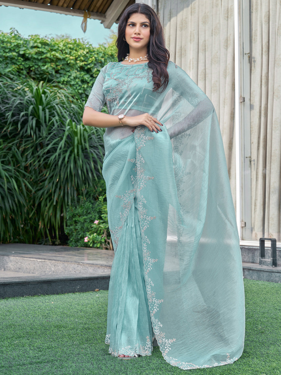 NOZ2TOZ Women's Organza Light Blue Embellished Designer Saree With Blouse Piece - Distacart
