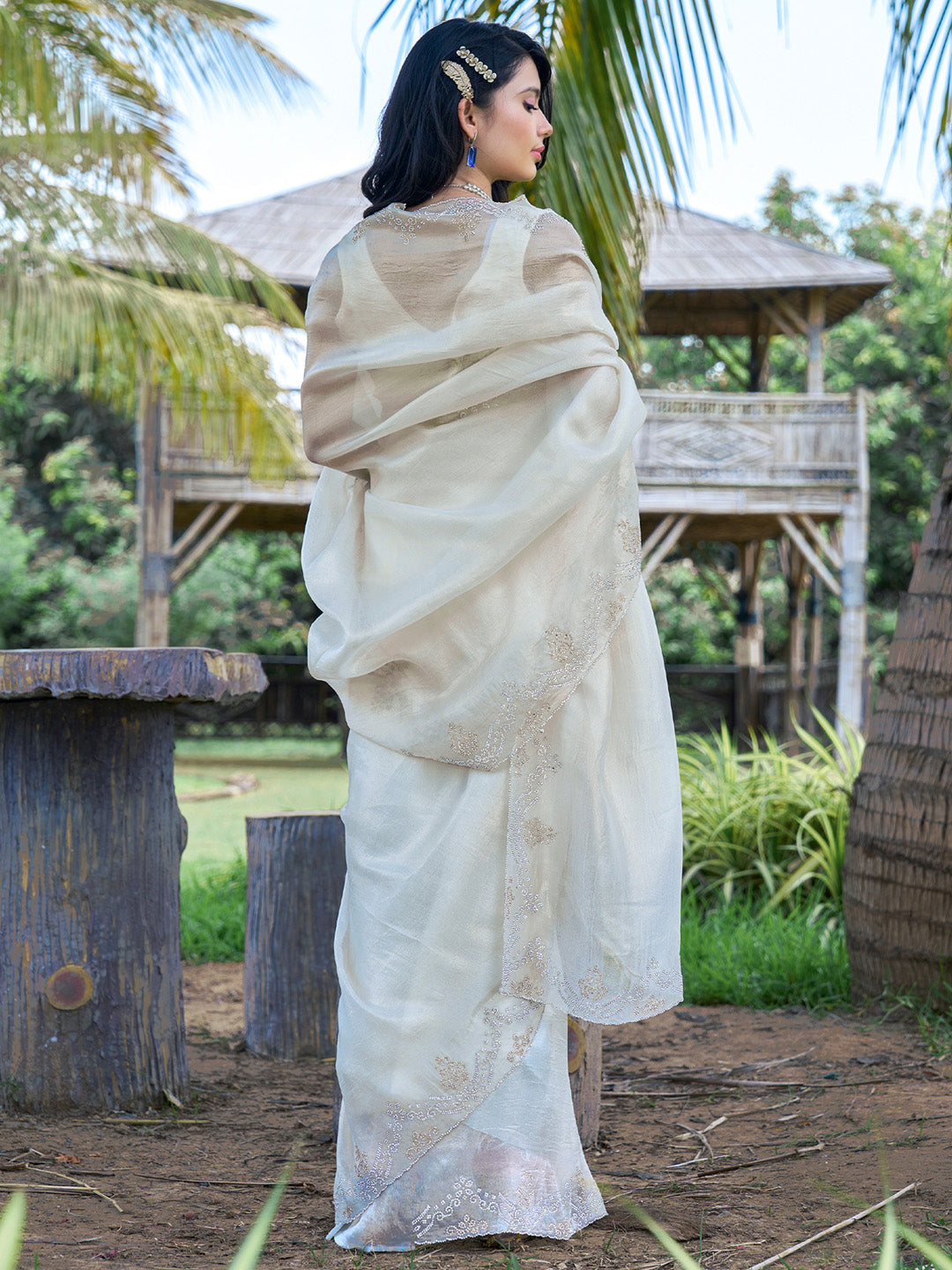 NOZ2TOZ Women's Organza Off White Embellished Designer Saree With Blouse Piece - Distacart