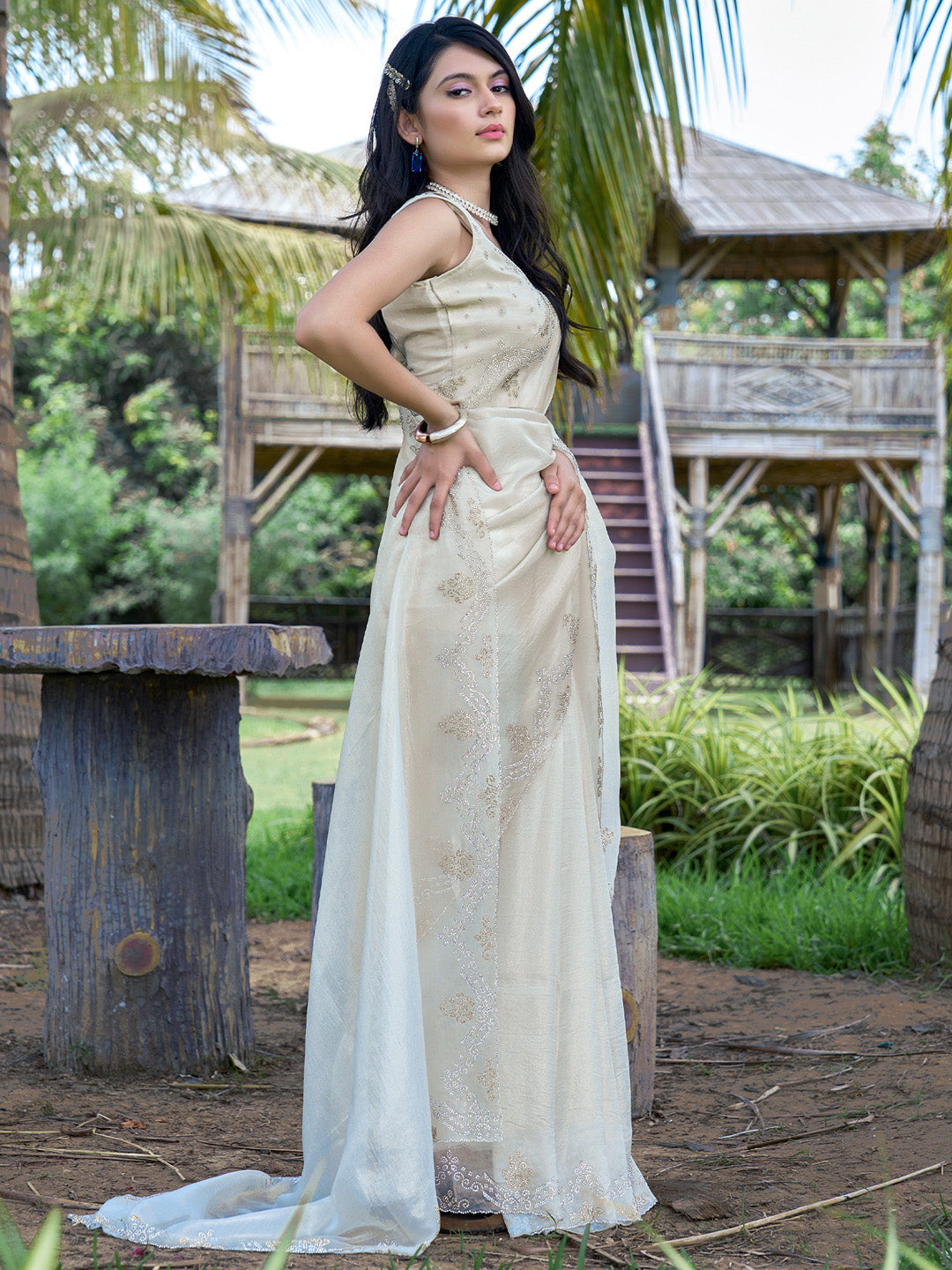 NOZ2TOZ Women's Organza Off White Embellished Designer Saree With Blouse Piece - Distacart