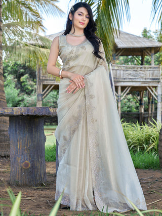 NOZ2TOZ Women's Organza Off White Embellished Designer Saree With Blouse Piece - Distacart