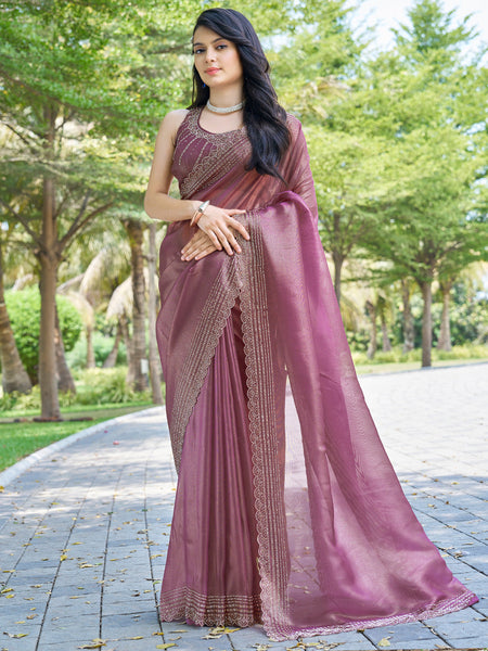 NOZ2TOZ Women's Organza Pink Embellished Designer Saree With Blouse Piece - Distacart