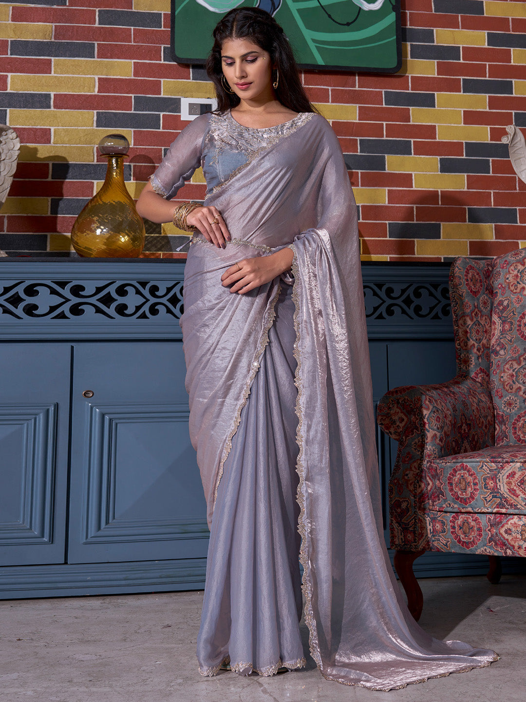 NOZ2TOZ Women's Pure Chiffon Lavender Embellished Designer Saree With Blouse Piece - Distacart