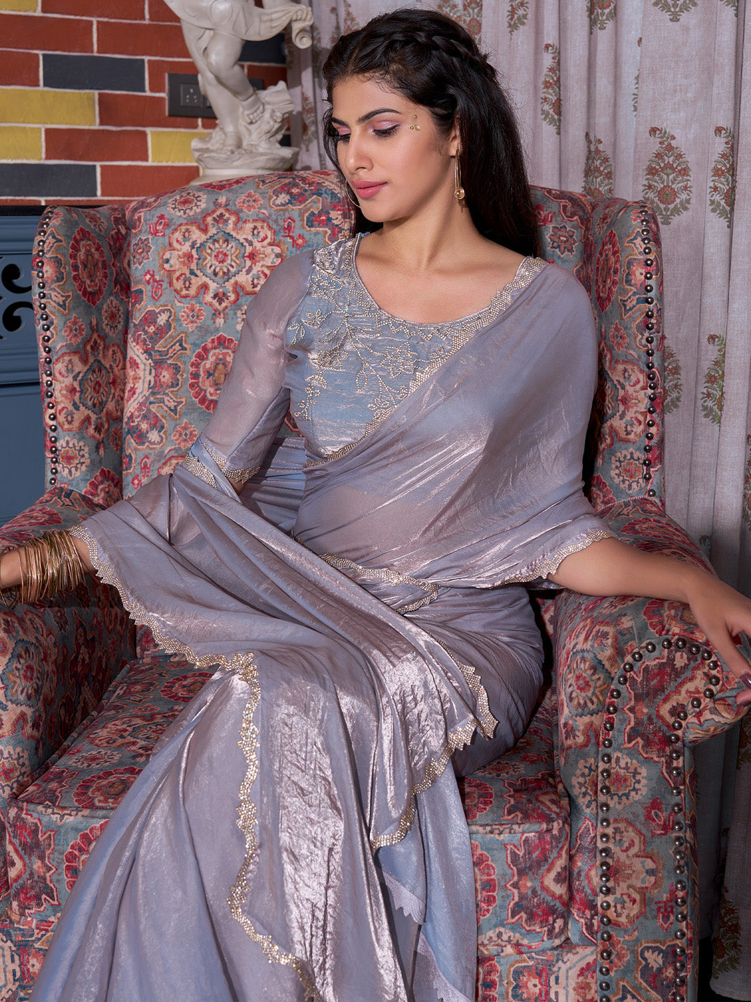 NOZ2TOZ Women's Pure Chiffon Lavender Embellished Designer Saree With Blouse Piece - Distacart