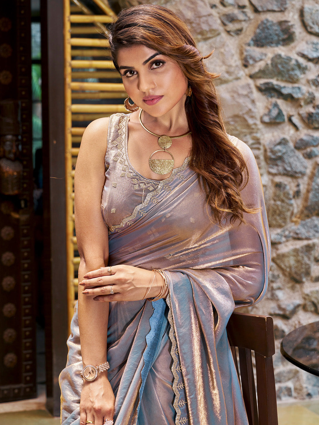 NOZ2TOZ Women's Pure Chiffon Metallic Embellished Designer Saree With Blouse Piece - Distacart