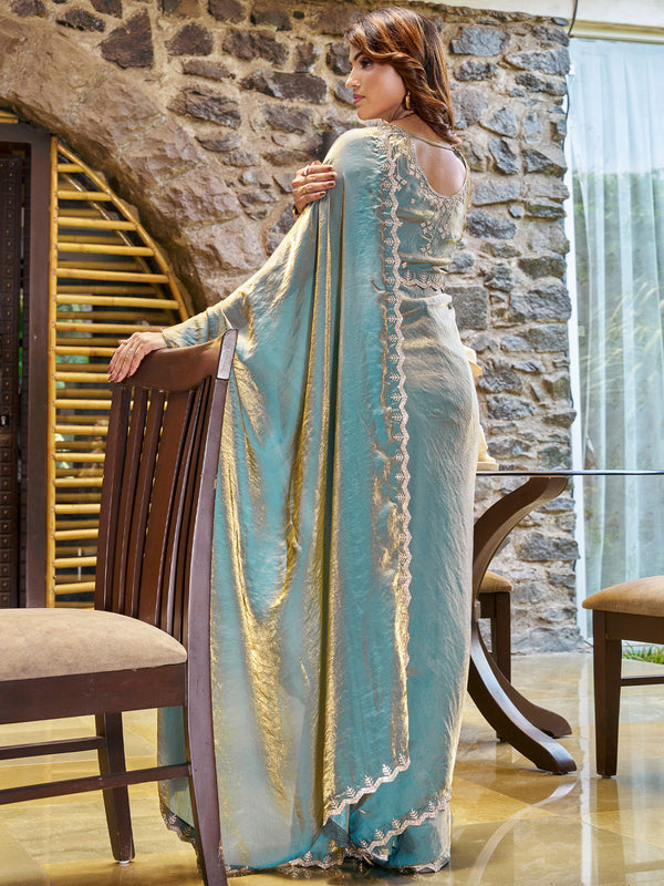 NOZ2TOZ Women's Pure Chiffon Teal blue Embellished Designer Saree With Blouse Piece - Distacart