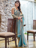 Thumbnail for NOZ2TOZ Women's Pure Chiffon Teal blue Embellished Designer Saree With Blouse Piece - Distacart
