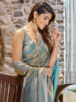 Thumbnail for NOZ2TOZ Women's Pure Chiffon Teal blue Embellished Designer Saree With Blouse Piece - Distacart