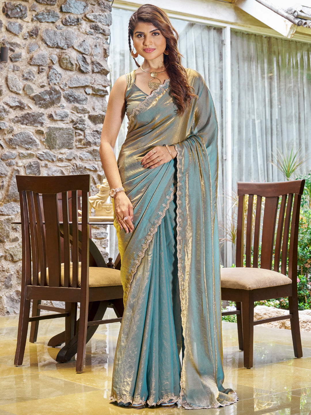 NOZ2TOZ Women's Pure Chiffon Teal blue Embellished Designer Saree With Blouse Piece - Distacart