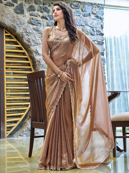 NOZ2TOZ Women's Pure Chiffon Bronze Embellished Designer Saree With Blouse Piece - Distacart