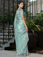 Thumbnail for NOZ2TOZ Women's Organza Sea Green Embellished Designer Saree With Blouse Piece - Distacart
