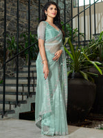 Thumbnail for NOZ2TOZ Women's Organza Sea Green Embellished Designer Saree With Blouse Piece - Distacart
