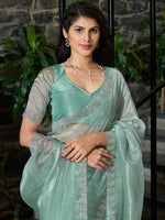 Thumbnail for NOZ2TOZ Women's Organza Sea Green Embellished Designer Saree With Blouse Piece - Distacart