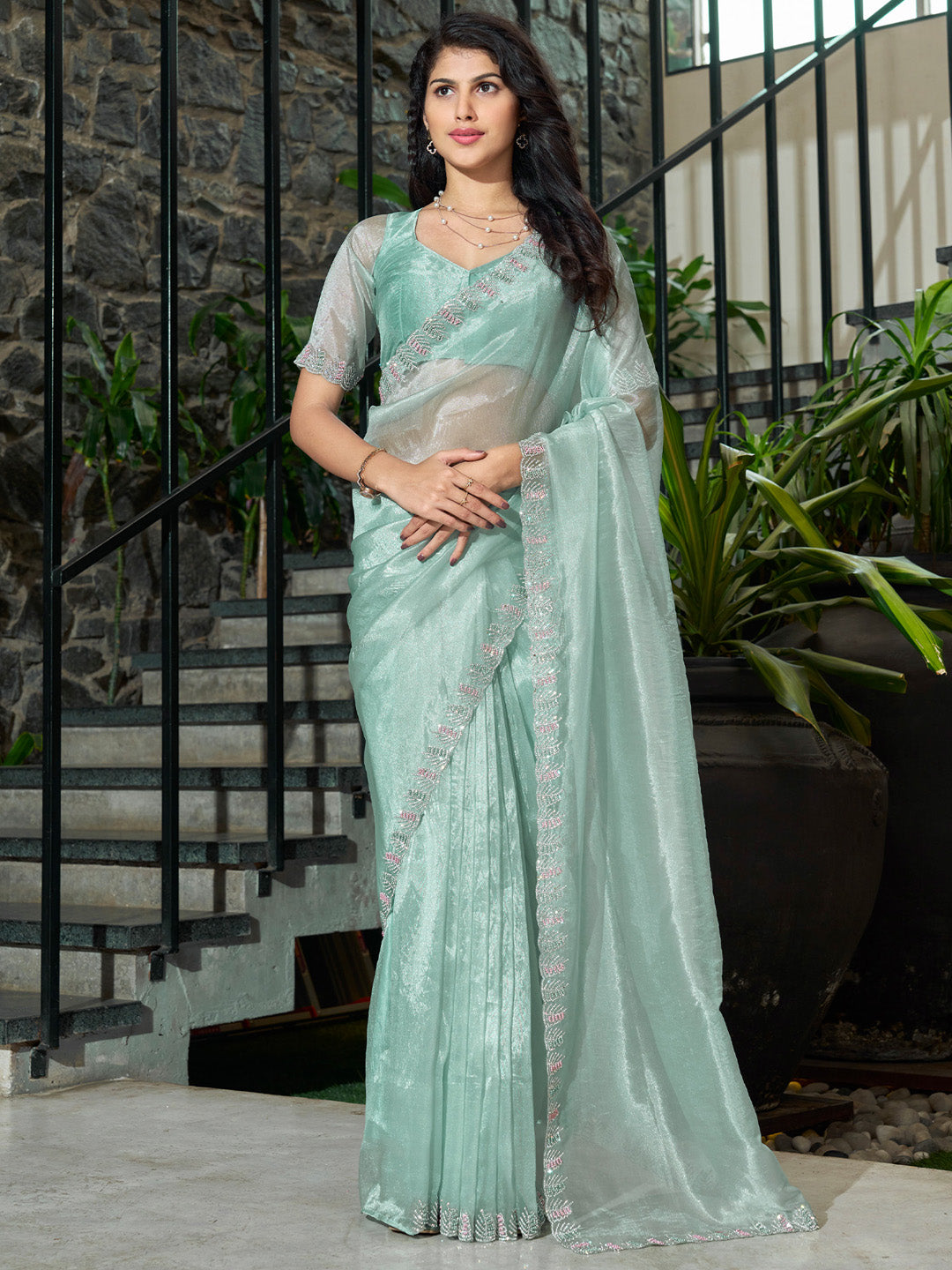 NOZ2TOZ Women's Organza Sea Green Embellished Designer Saree With Blouse Piece - Distacart